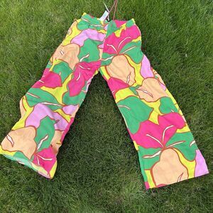 C&C California Palazzo Pants Wide Leg Multicolor Floral Tropical Satin NWT Med